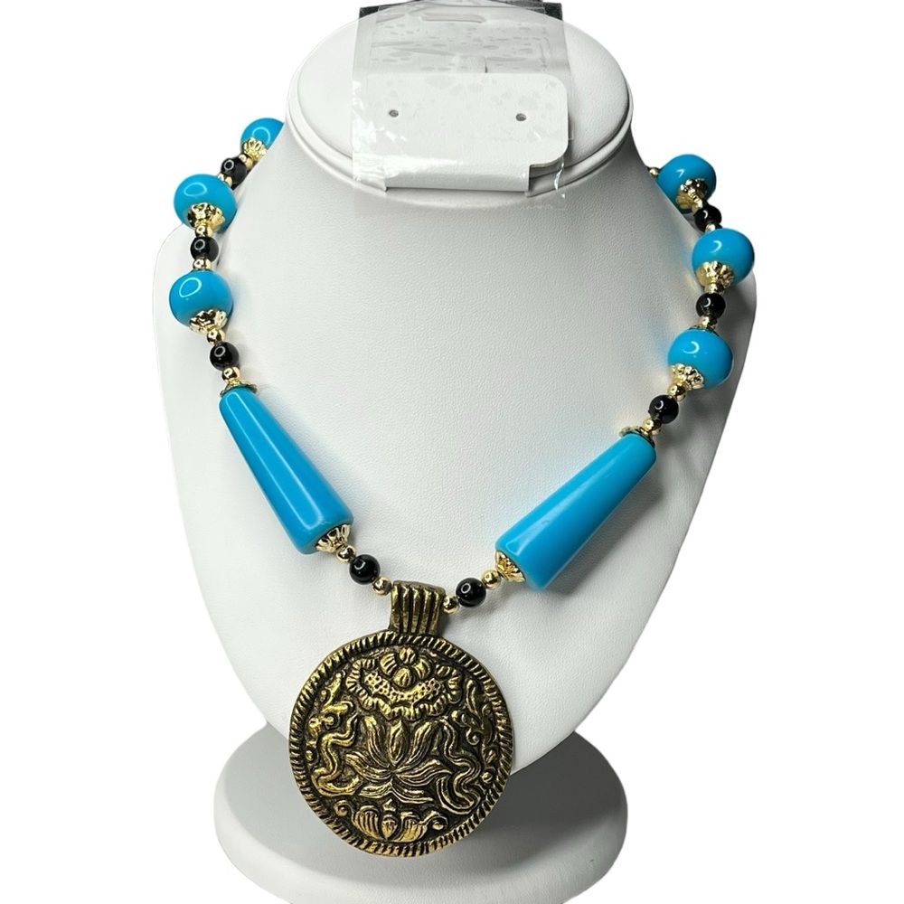 Artisan Gold and Blue Pendant Necklace